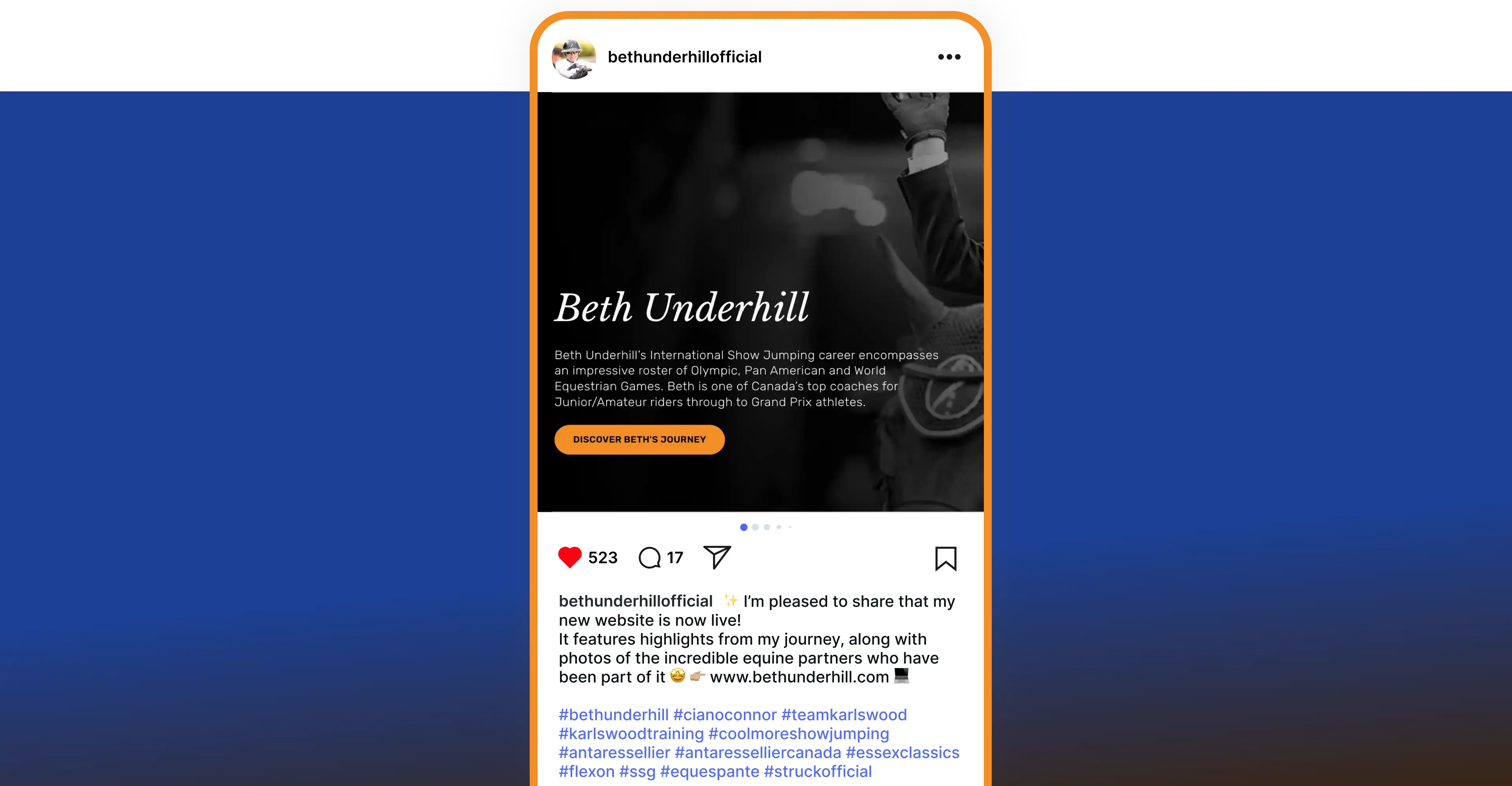 The website-launch announcement styled as an Instagram post on Beth Underhill’s blue brand field