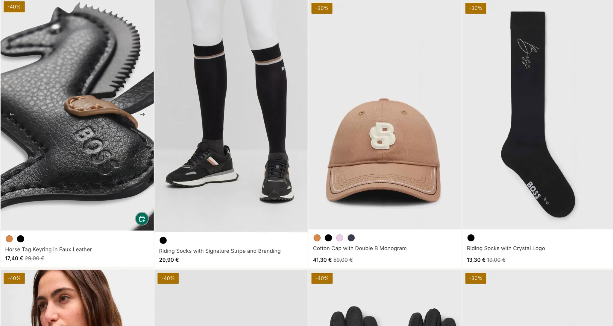 BOSS Equestrian accessories on sale, including a horse keyring, riding socks and a cap