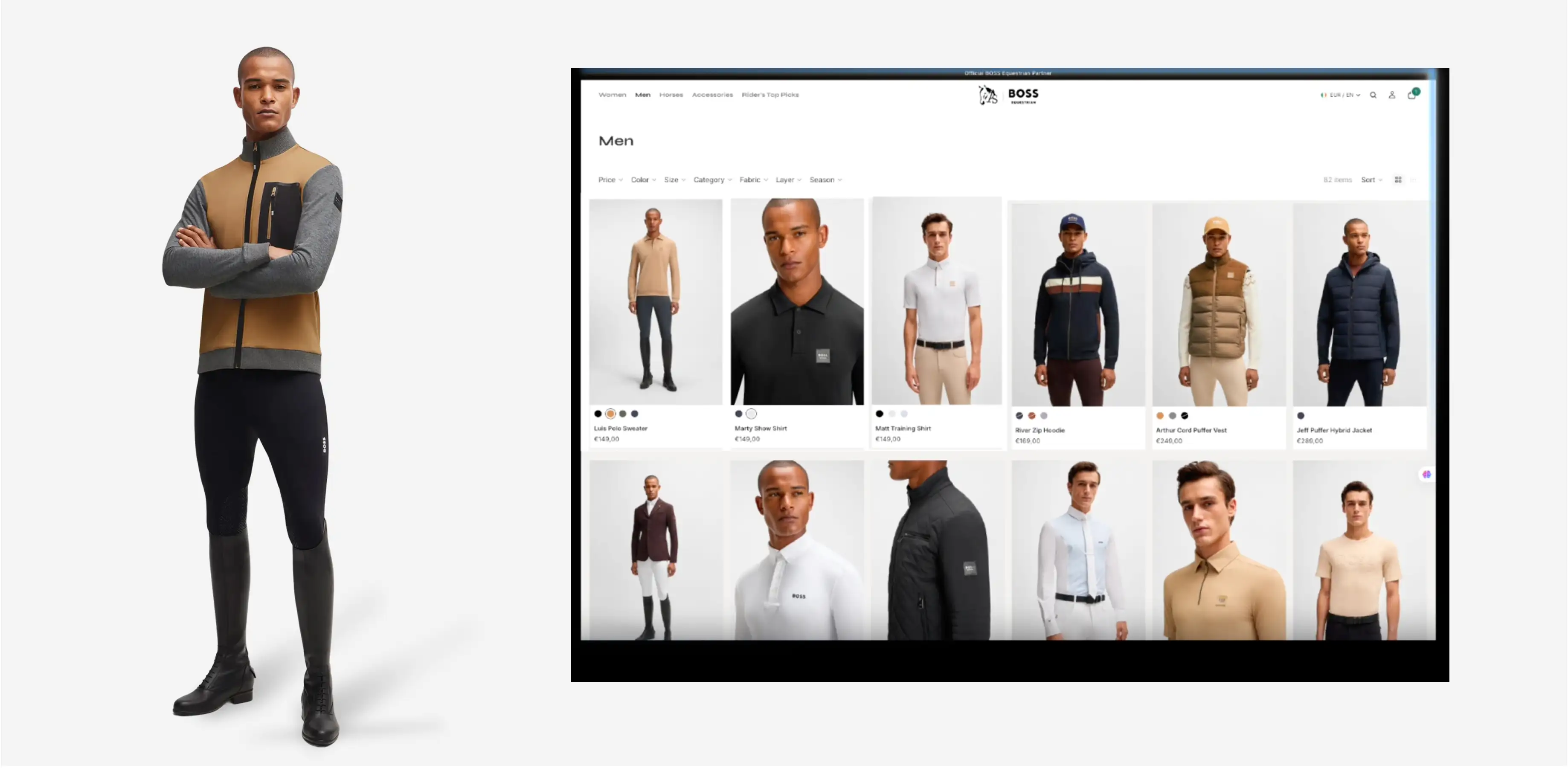 BOSS Equestrian model beside the men's collection product grid