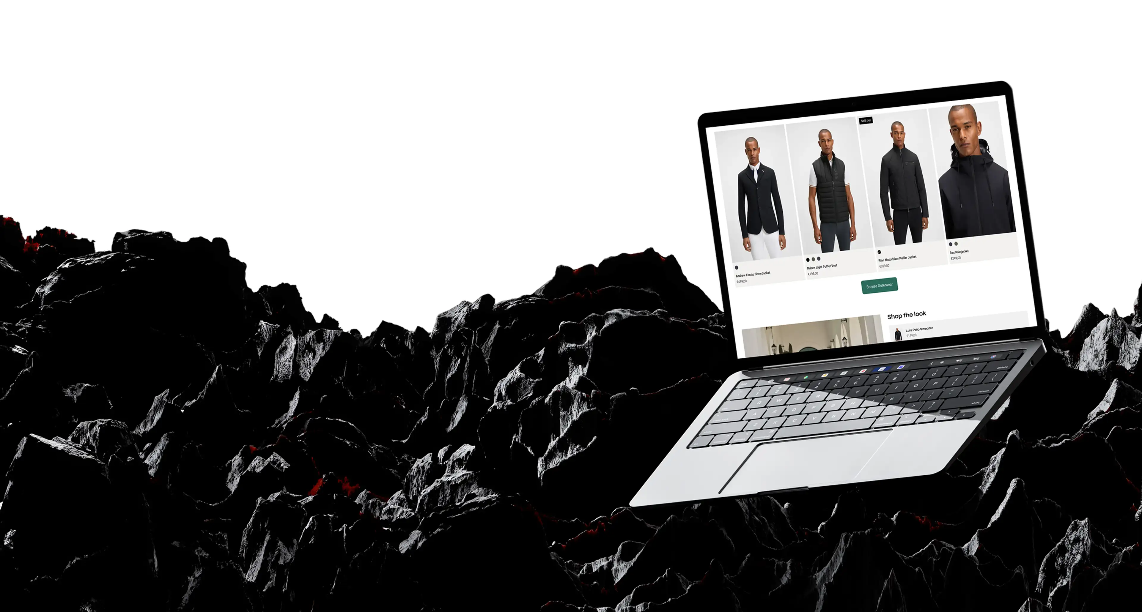The BOSS Equestrian storefront shown on a laptop above black volcanic rock