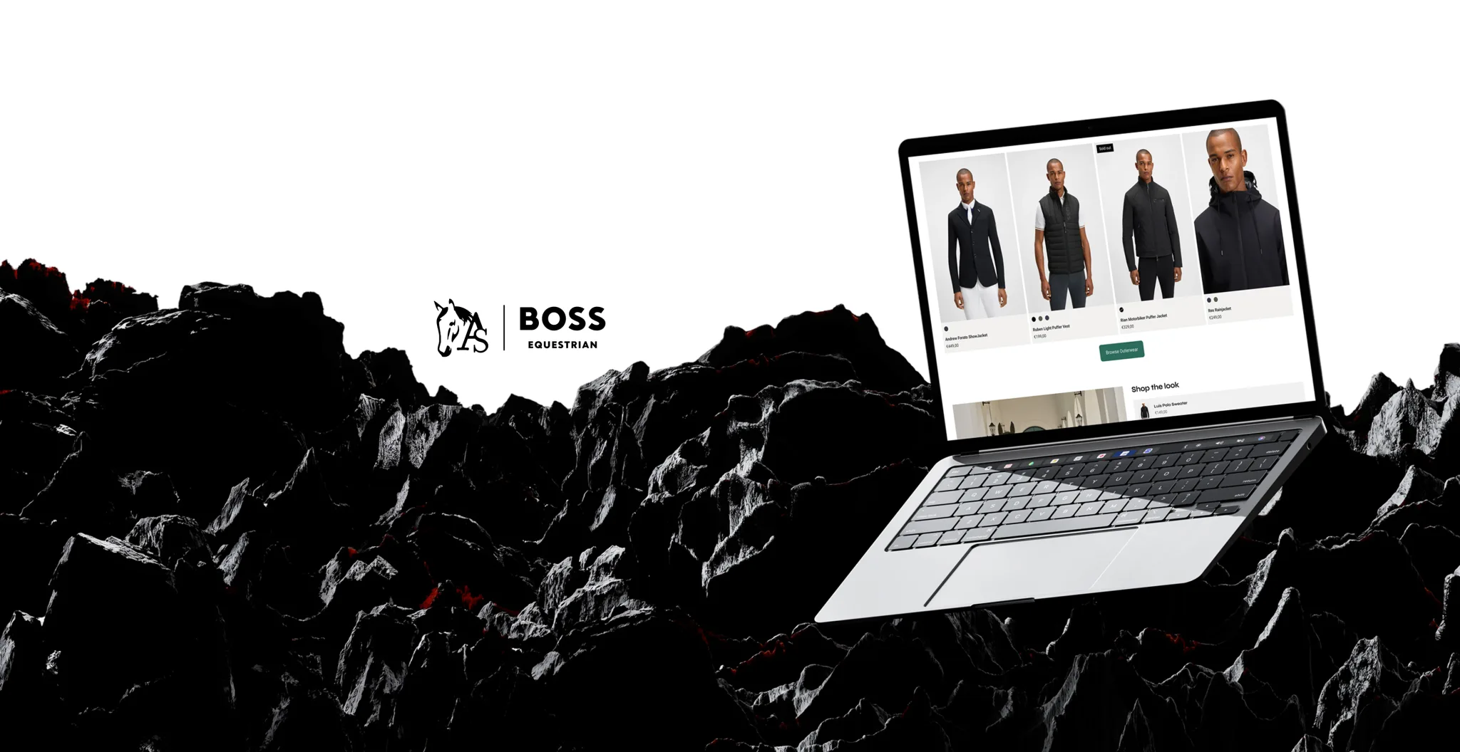 The BOSS Equestrian storefront on a laptop above black volcanic rock, beside the Alexander Schill and BOSS Equestrian logos