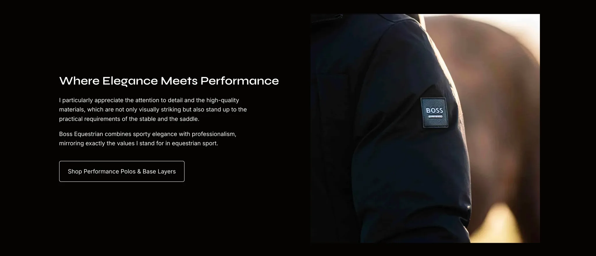 A "Where Elegance Meets Performance" banner beside a BOSS jacket sleeve in evening light