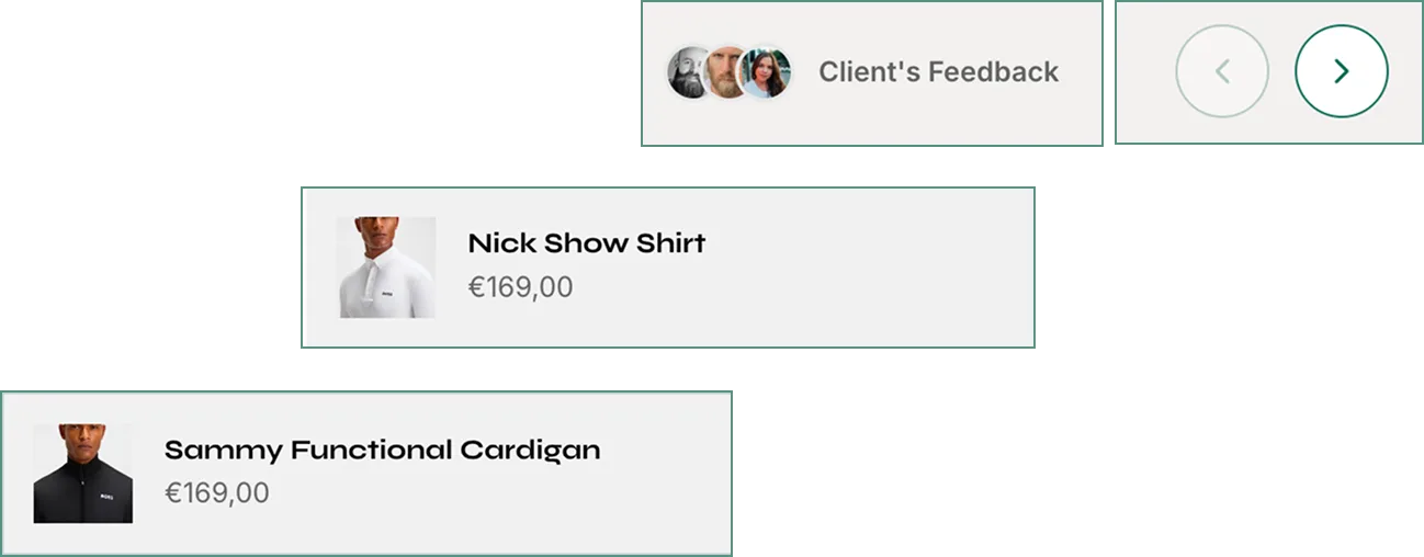 Shop-the-look cards for the Nick Show Shirt and the Sammy Functional Cardigan, with client feedback controls