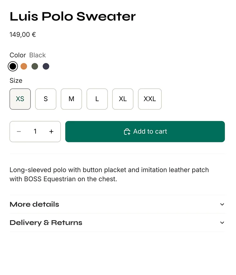 Product details for the Luis Polo Sweater, with colours, sizes and add to cart