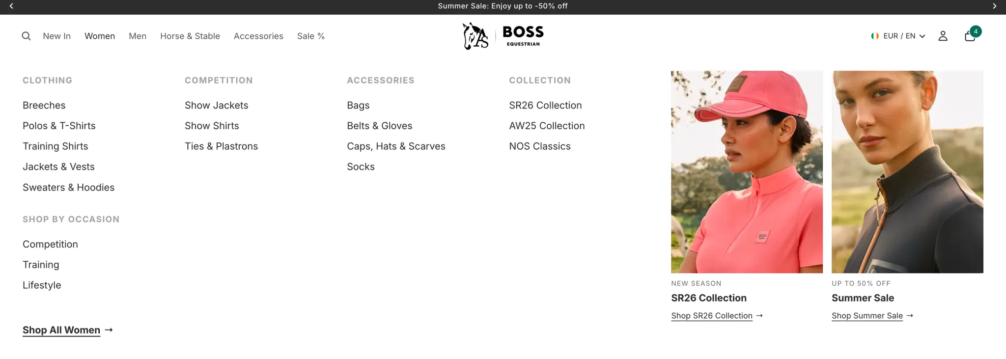 The BOSS Equestrian mega menu for women, with clothing, competition wear, accessories and collections