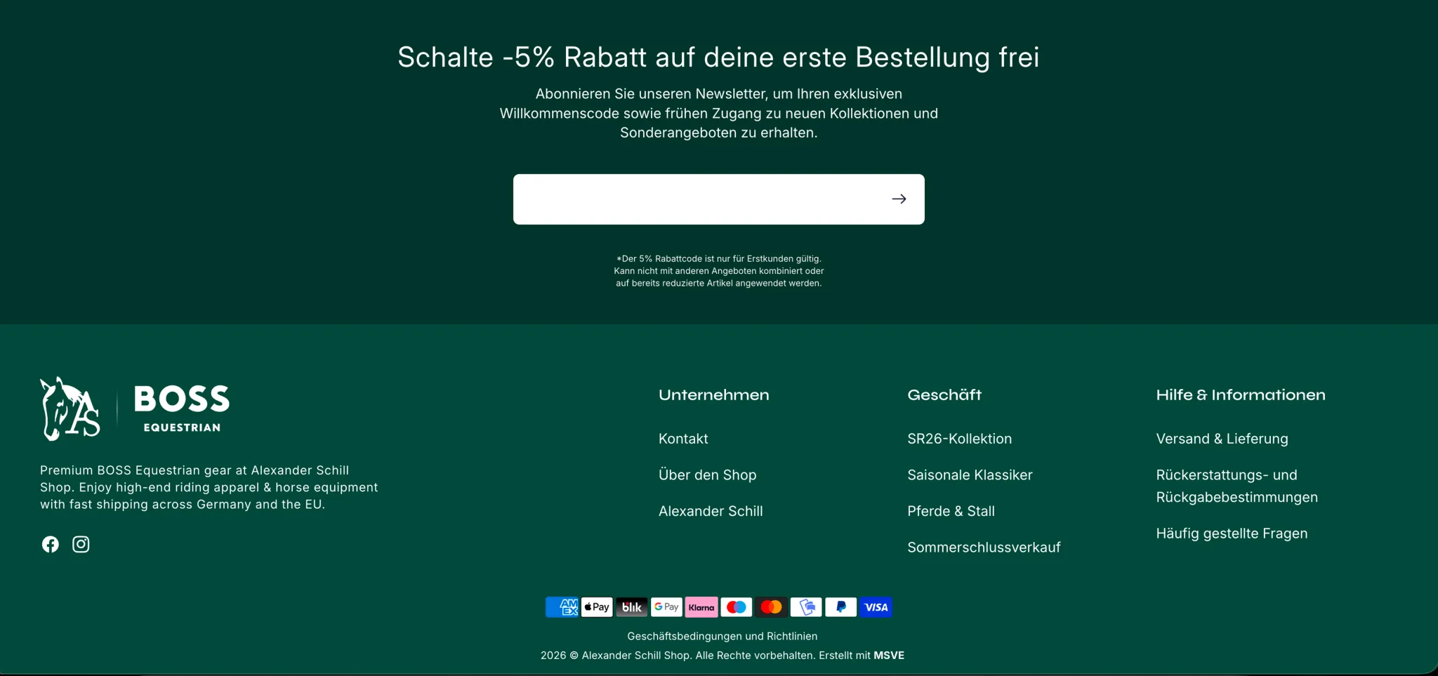 The store's newsletter sign-up and footer, in German, on the brand's dark green