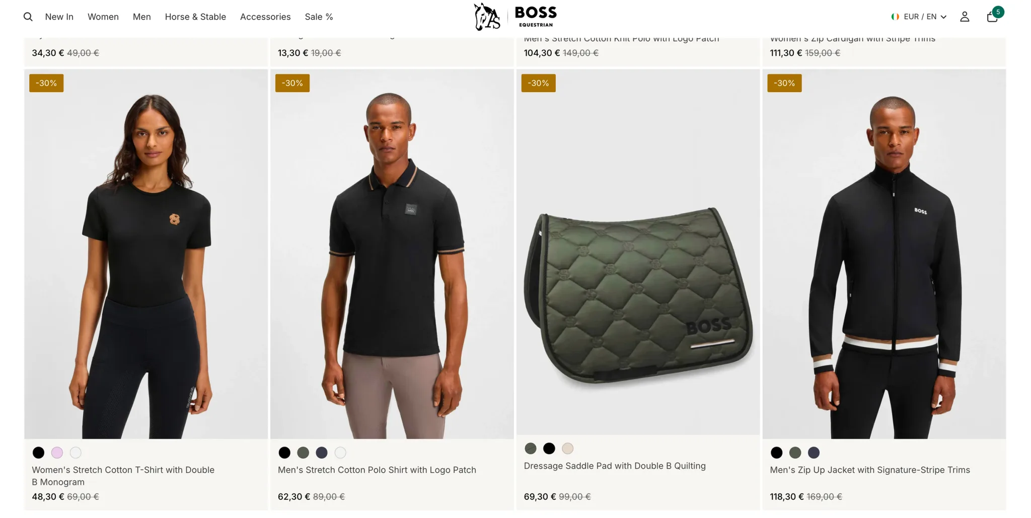The BOSS Equestrian collection page with discounted polos, a saddle pad and a jacket