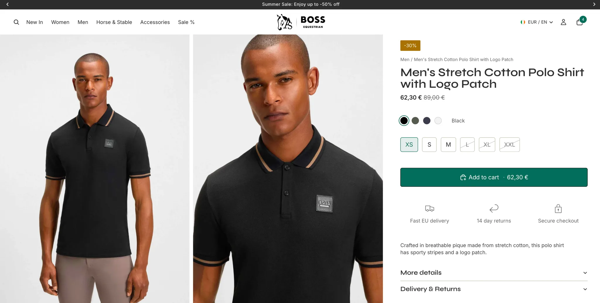 A BOSS Equestrian product page for a men's polo shirt, with colours, sizes and add to cart