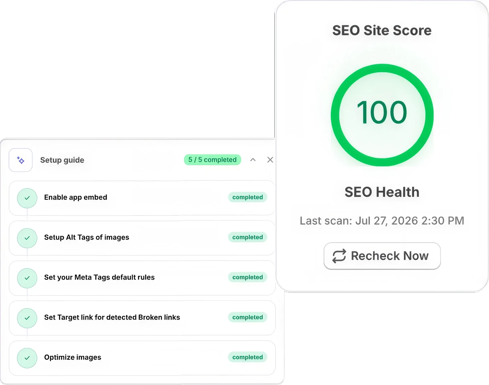 An SEO site score of 100 beside a completed five-step SEO setup guide