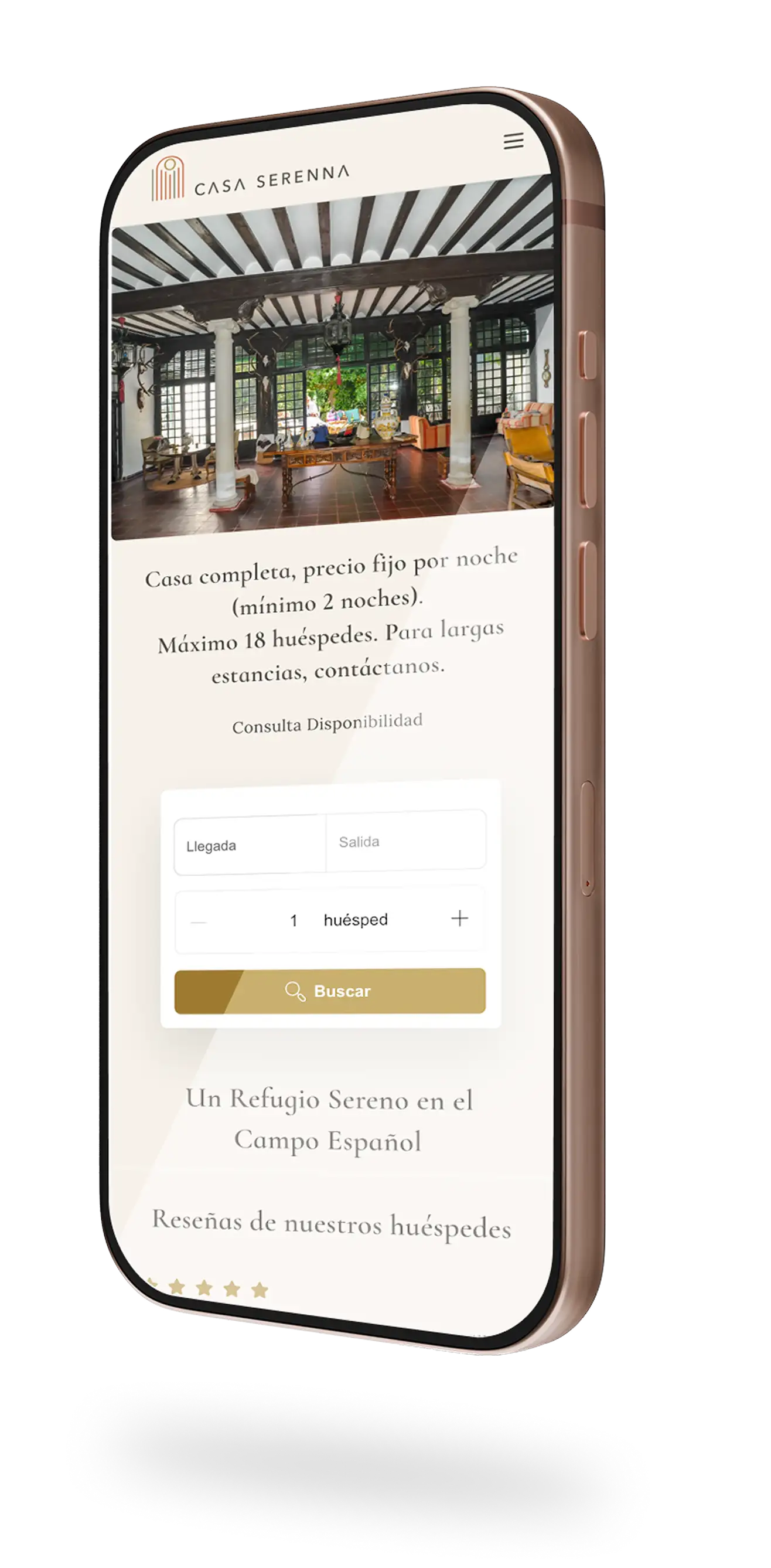 The Casa Serenna booking site shown on a phone, with the live availability search