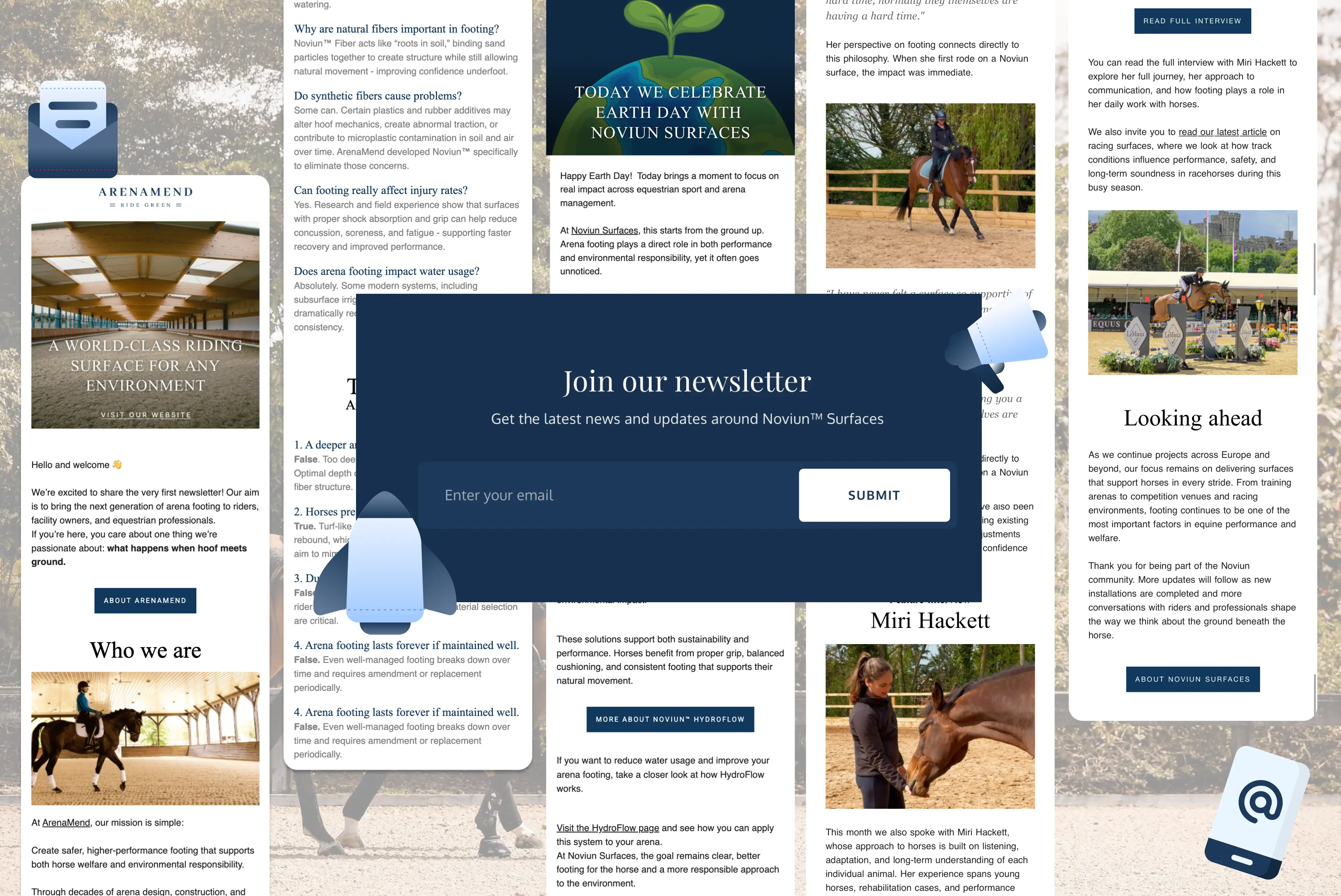 Noviun’s content ecosystem — newsletter sign-up, brand story and blog posts