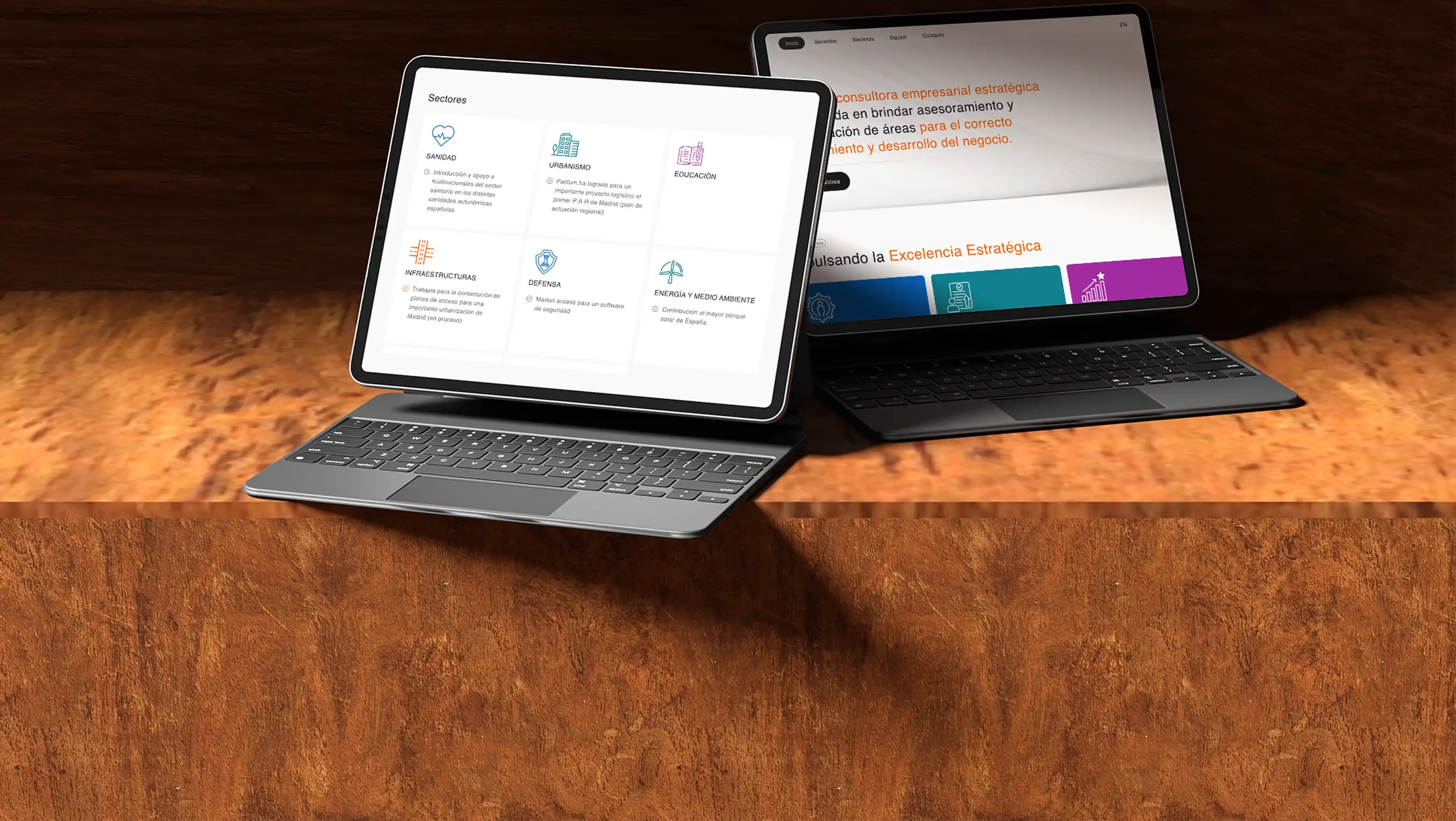 The Pactum site on two iPads — the Sectores overview grid and the strategic-consultancy homepage