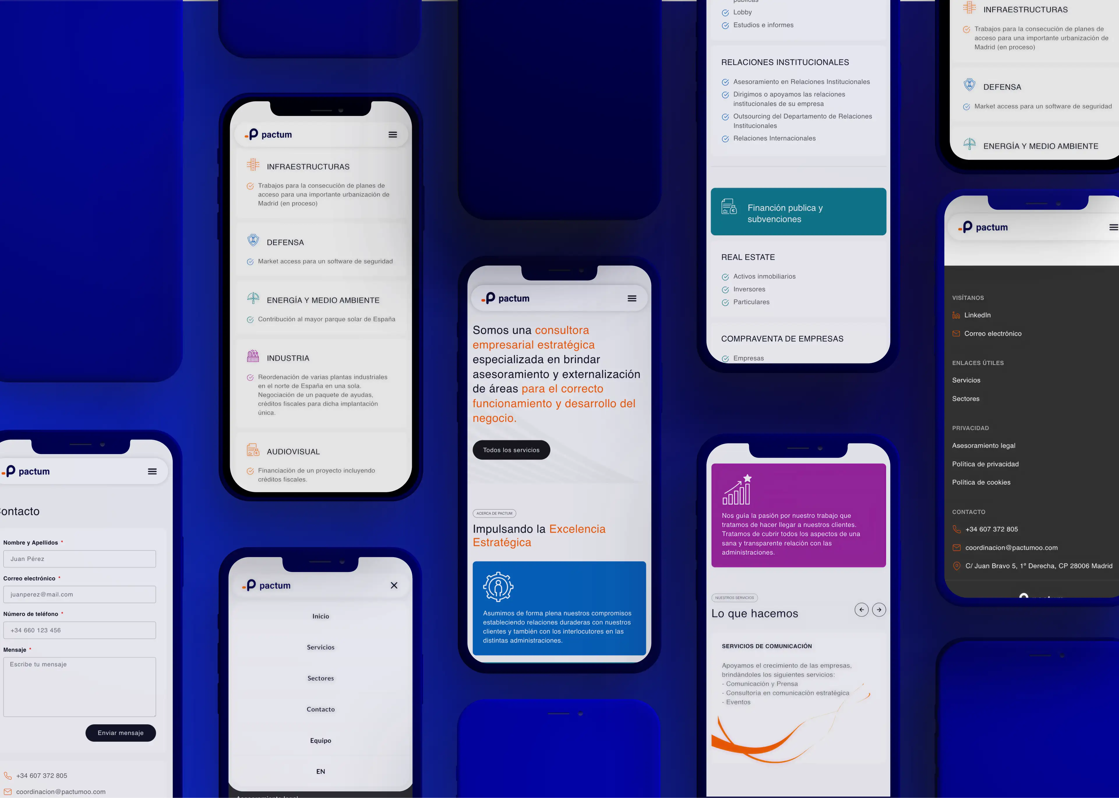 A grid of Pactum mobile screens — services, sectors, navigation, contact and footer — on a blue backdrop