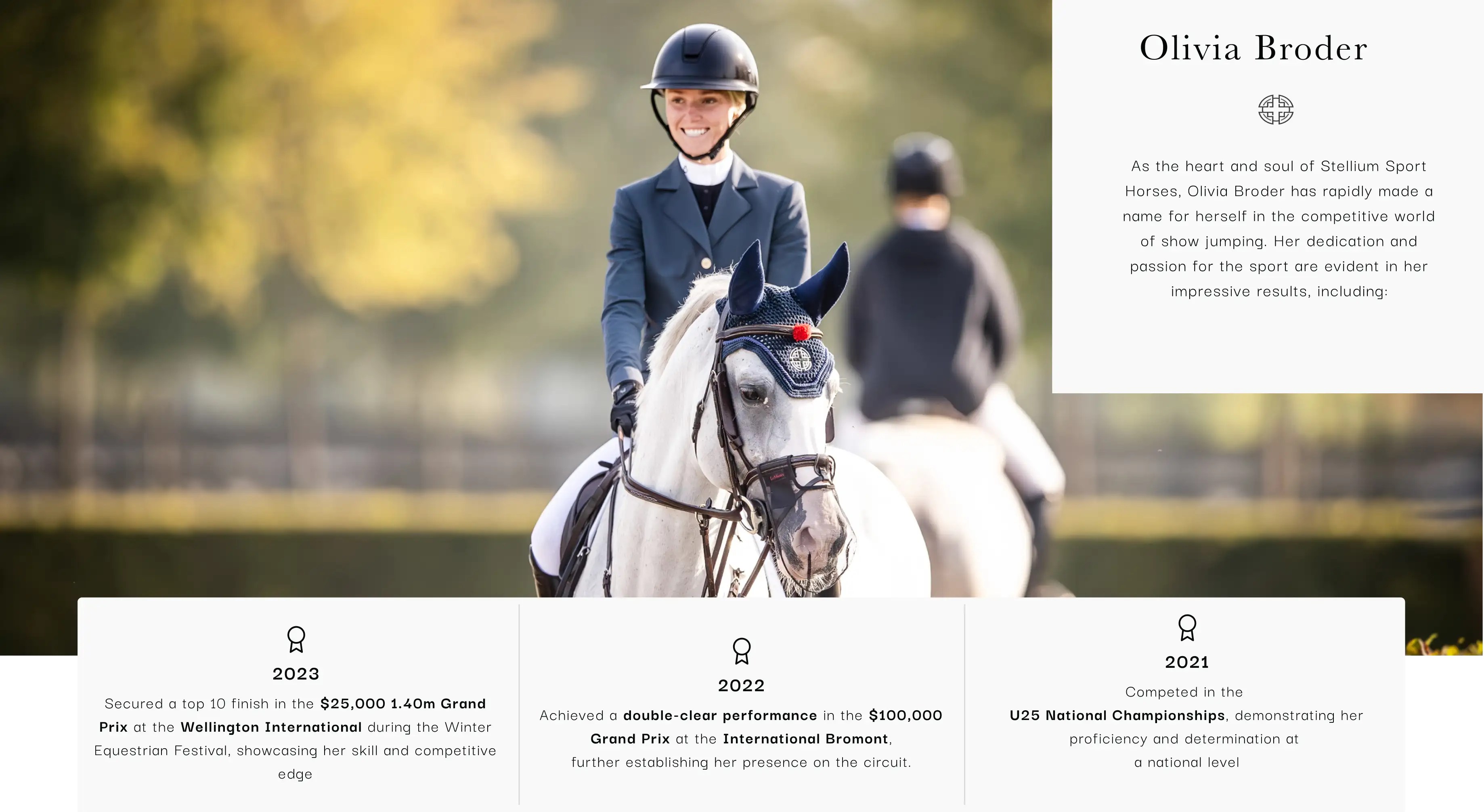 Rider Olivia Broder with her show-jumping record across 2021, 2022 and 2023